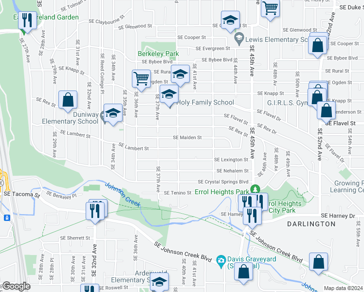 map of restaurants, bars, coffee shops, grocery stores, and more near 3915 Southeast Lambert Street in Portland