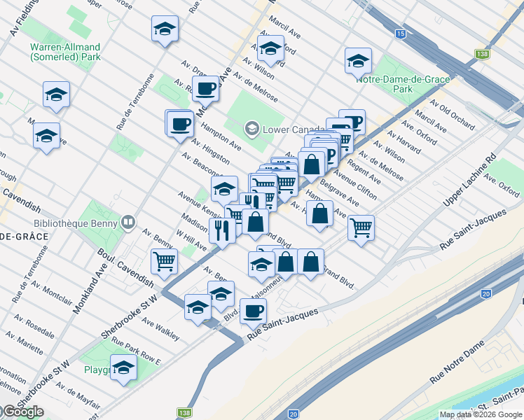 map of restaurants, bars, coffee shops, grocery stores, and more near 6161 Sherbrooke Street West in Montreal