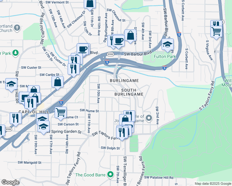 map of restaurants, bars, coffee shops, grocery stores, and more near 700 Southwest Moss Street in Portland