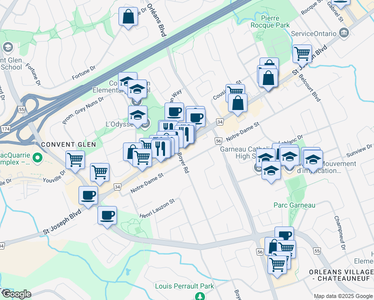 map of restaurants, bars, coffee shops, grocery stores, and more near 1367 Boyer Road in Ottawa