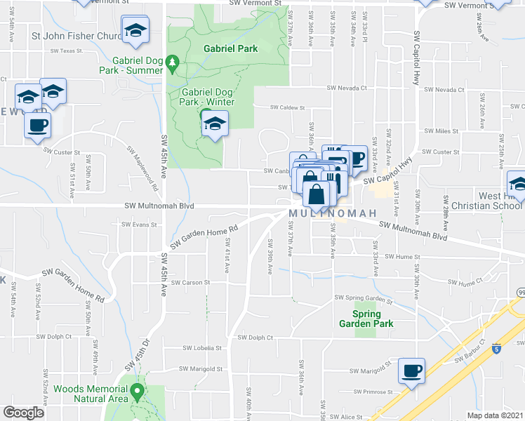 map of restaurants, bars, coffee shops, grocery stores, and more near 3940 Southwest Multnomah Boulevard in Portland