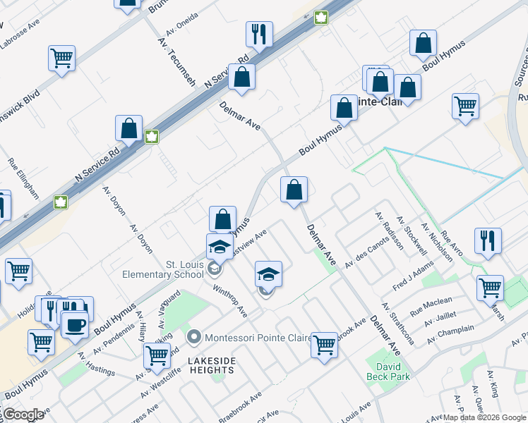 map of restaurants, bars, coffee shops, grocery stores, and more near 124 Boulevard Hymus in Pointe-Claire