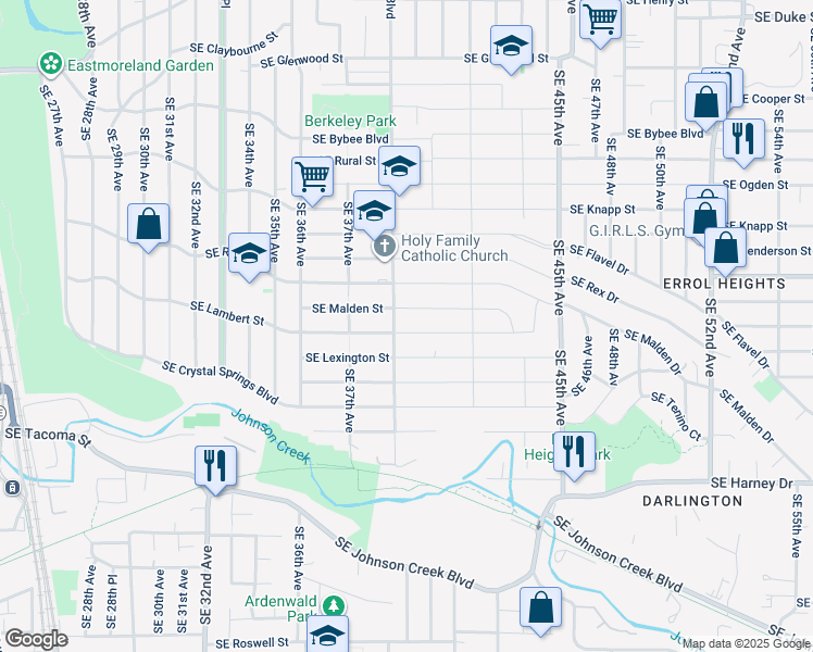 map of restaurants, bars, coffee shops, grocery stores, and more near 3915 Southeast Lambert Street in Portland
