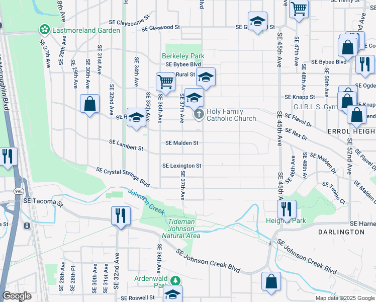 map of restaurants, bars, coffee shops, grocery stores, and more near 3717 Southeast Lambert Street in Portland