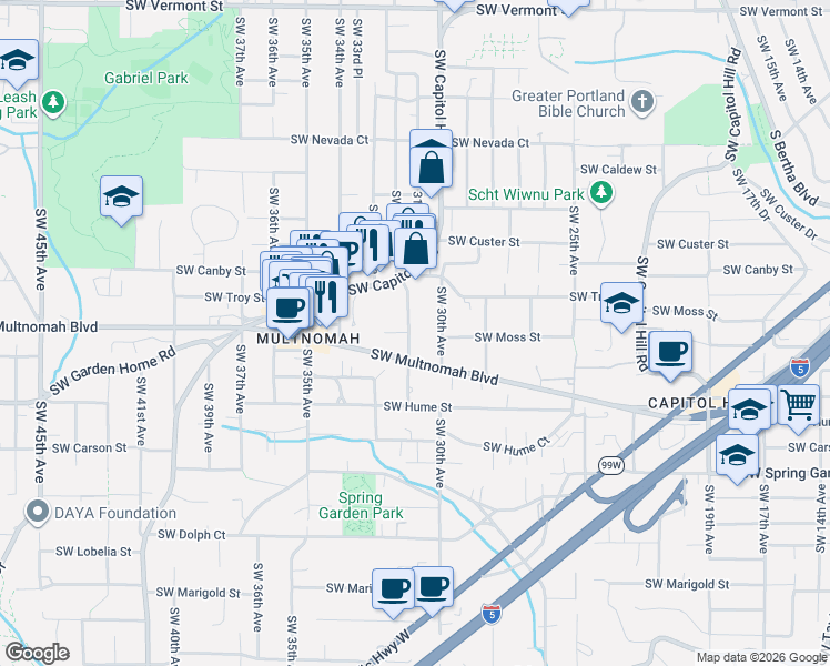 map of restaurants, bars, coffee shops, grocery stores, and more near 7910 Southwest 31st Avenue in Portland