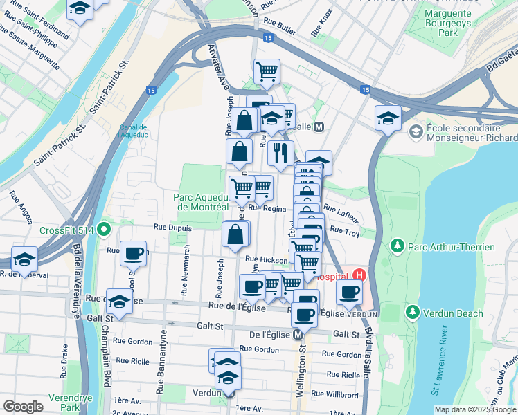map of restaurants, bars, coffee shops, grocery stores, and more near Rue Evelyn in Montréal