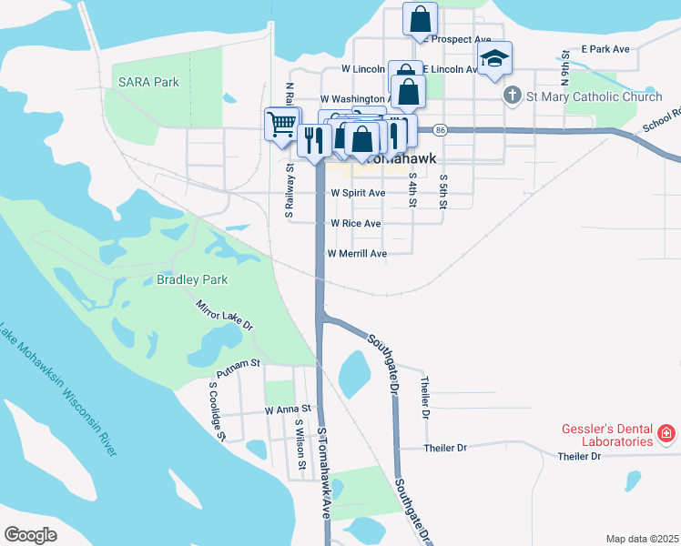 map of restaurants, bars, coffee shops, grocery stores, and more near 216 West Merrill Avenue in Tomahawk