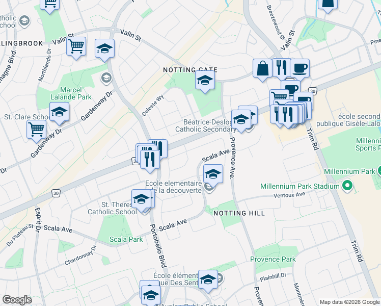 map of restaurants, bars, coffee shops, grocery stores, and more near 990 Lucille Way in Ottawa