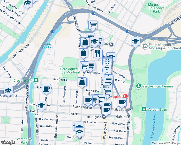 map of restaurants, bars, coffee shops, grocery stores, and more near Evelyn Street in Montreal