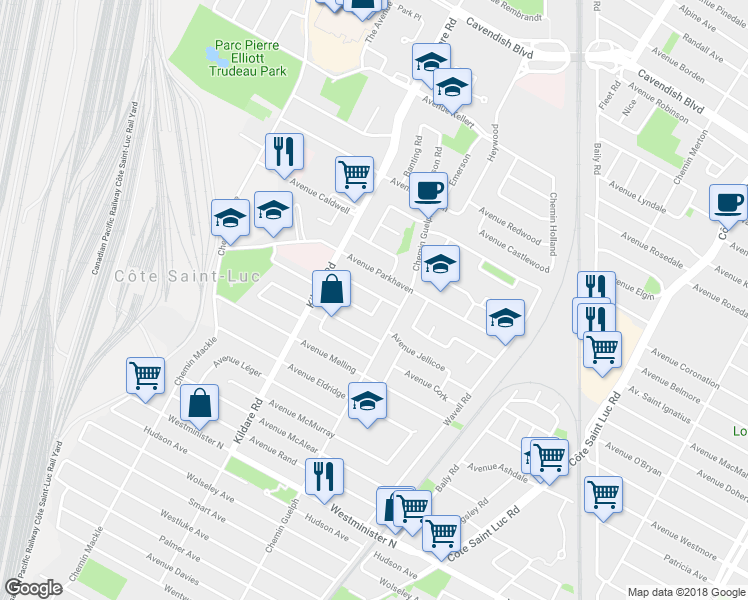 map of restaurants, bars, coffee shops, grocery stores, and more near 5714 Avenue Kincourt in Côte Saint-Luc