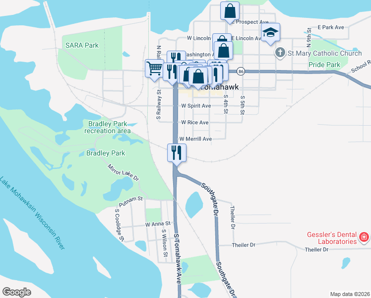 map of restaurants, bars, coffee shops, grocery stores, and more near 216 West Merrill Avenue in Tomahawk