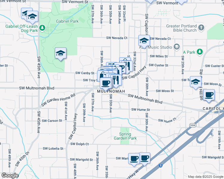 map of restaurants, bars, coffee shops, grocery stores, and more near 7764 Southwest Capitol Highway in Portland