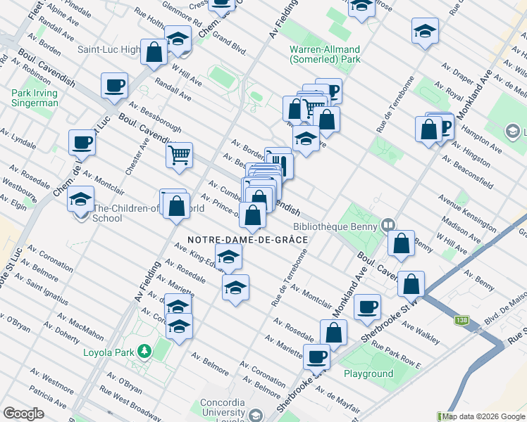 map of restaurants, bars, coffee shops, grocery stores, and more near 6545 Avenue Somerled in Montréal