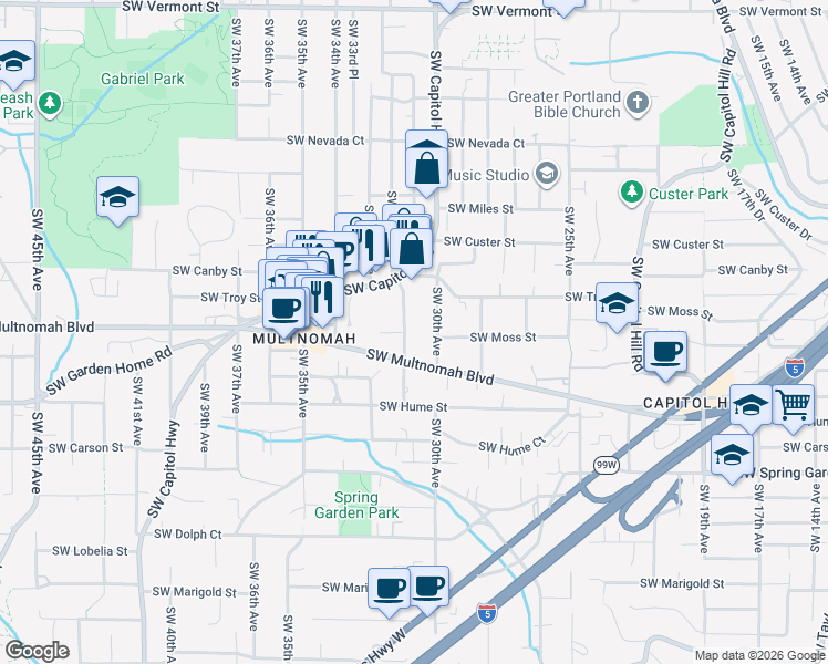 map of restaurants, bars, coffee shops, grocery stores, and more near 7910 Southwest 31st Avenue in Portland