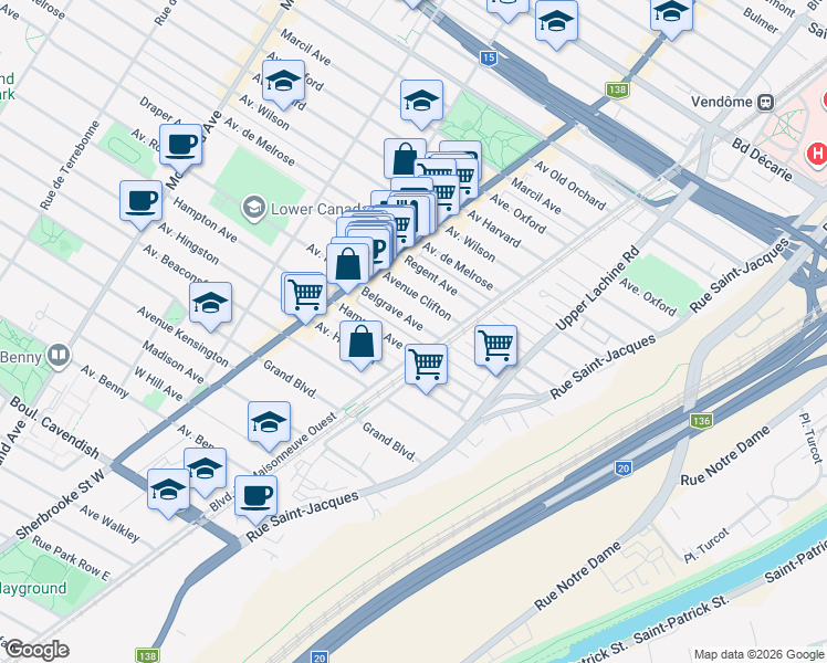 map of restaurants, bars, coffee shops, grocery stores, and more near in Montreal
