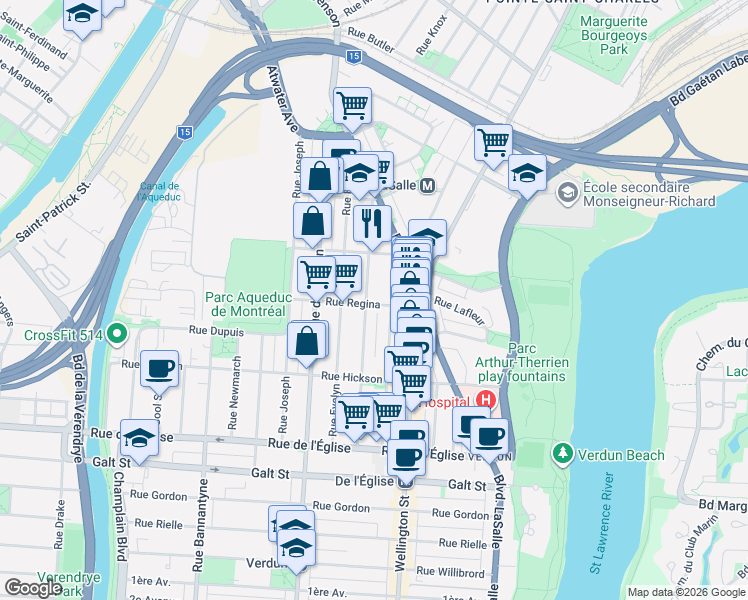 map of restaurants, bars, coffee shops, grocery stores, and more near 3646 Rue Gertrude in Montréal