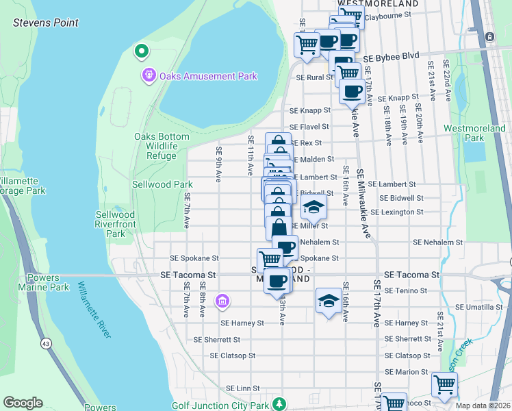 map of restaurants, bars, coffee shops, grocery stores, and more near 1111 Southeast Lexington Street in Portland