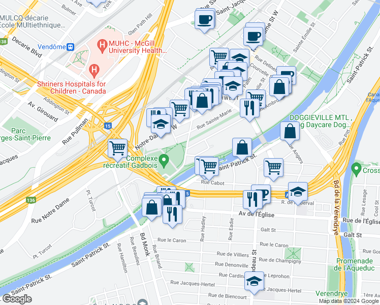 map of restaurants, bars, coffee shops, grocery stores, and more near 5380 Chemin de la Côte-Saint- Paul in Montréal