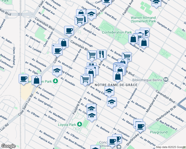 map of restaurants, bars, coffee shops, grocery stores, and more near 6655 Fielding Avenue in Montreal