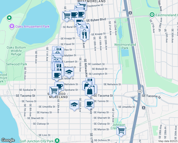 map of restaurants, bars, coffee shops, grocery stores, and more near 1666 Southeast Lambert Street in Portland