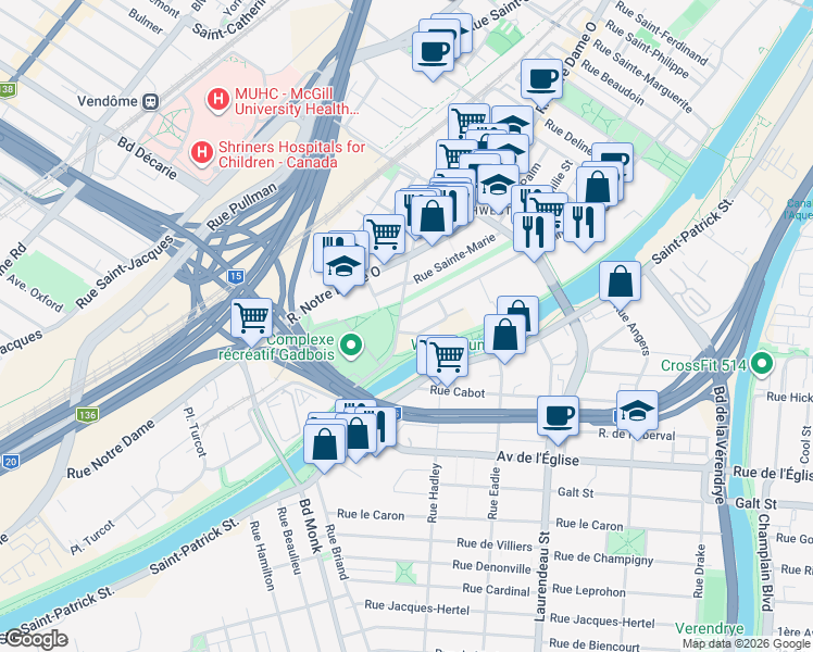 map of restaurants, bars, coffee shops, grocery stores, and more near 5380 Chemin de la Côte-Saint- Paul in Montréal