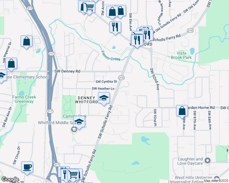 map of restaurants, bars, coffee shops, grocery stores, and more near 7180 Southwest Scholls Ferry Road in Beaverton