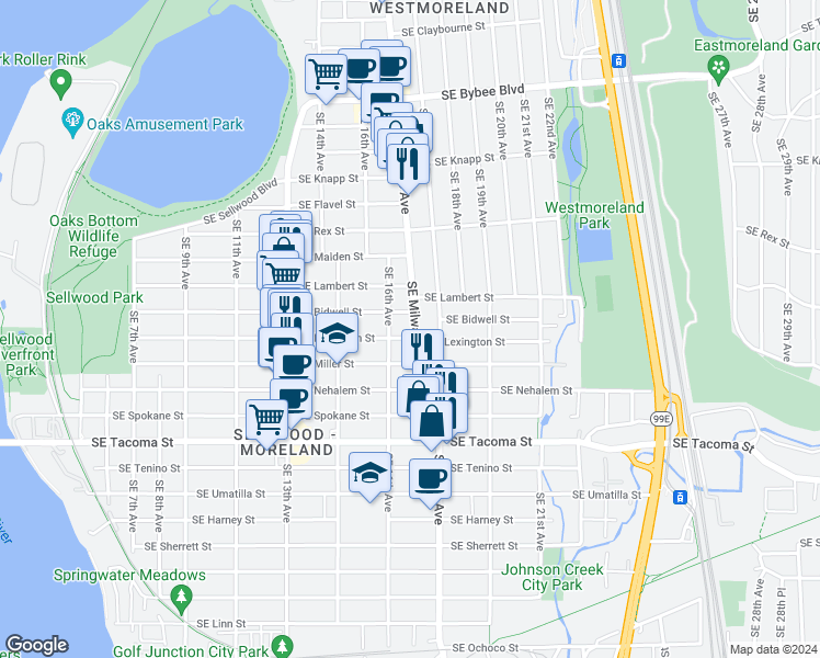 map of restaurants, bars, coffee shops, grocery stores, and more near 1666 Southeast Lambert Street in Portland