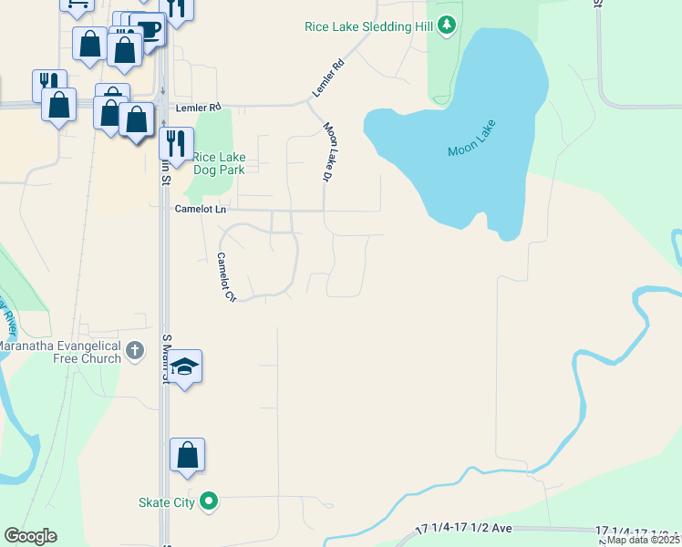 map of restaurants, bars, coffee shops, grocery stores, and more near 410 Moon Lake Drive in Rice Lake
