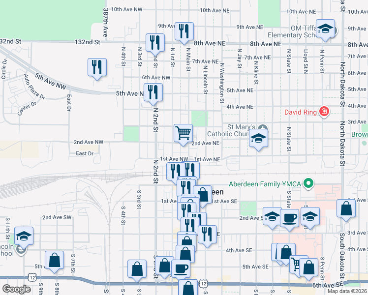map of restaurants, bars, coffee shops, grocery stores, and more near 201 North Main Street in Aberdeen