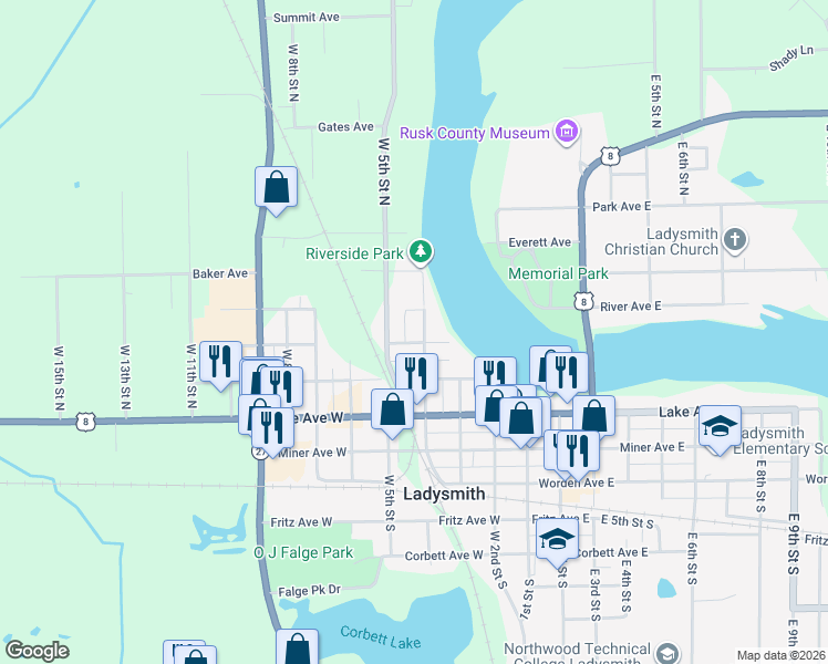 map of restaurants, bars, coffee shops, grocery stores, and more near 500 West 4th Street North in Ladysmith