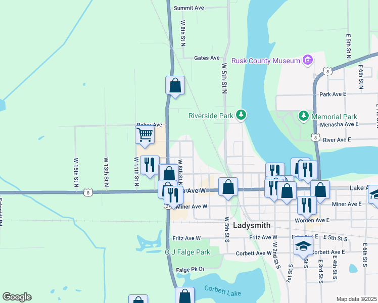 map of restaurants, bars, coffee shops, grocery stores, and more near 719 Cleveland Avenue in Ladysmith