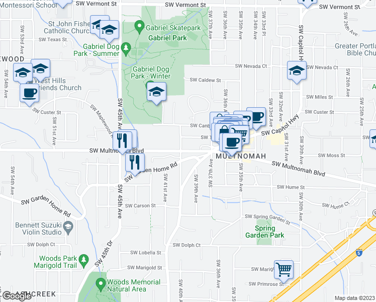 map of restaurants, bars, coffee shops, grocery stores, and more near 3926 Southwest Multnomah Boulevard in Portland