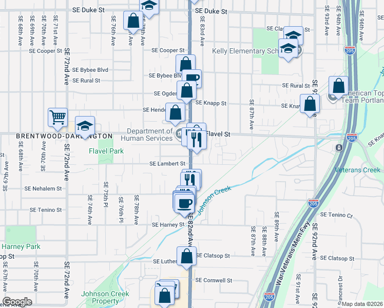 map of restaurants, bars, coffee shops, grocery stores, and more near 7732 Southeast 82nd Avenue in Portland