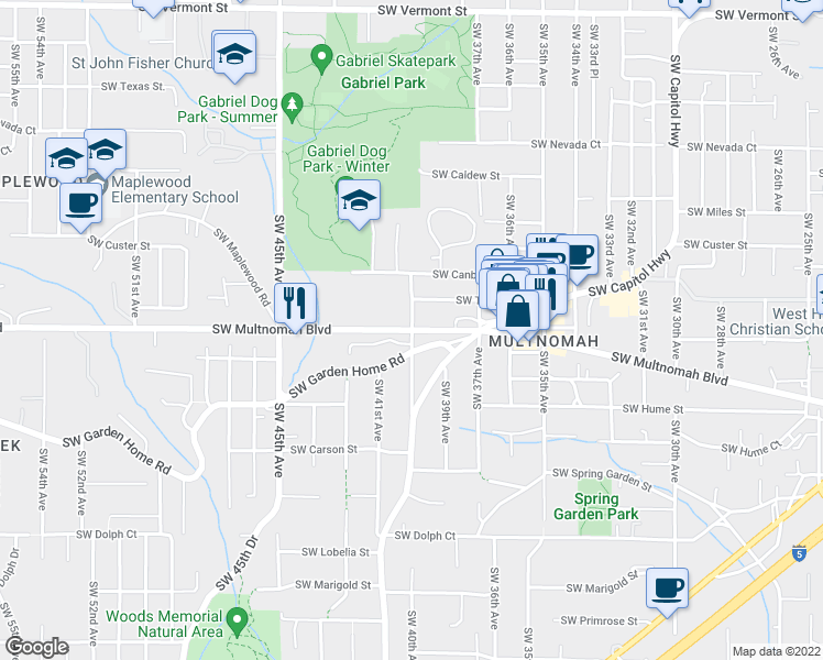 map of restaurants, bars, coffee shops, grocery stores, and more near SW Multnomah Blvd & SW 40th Ave in Portland