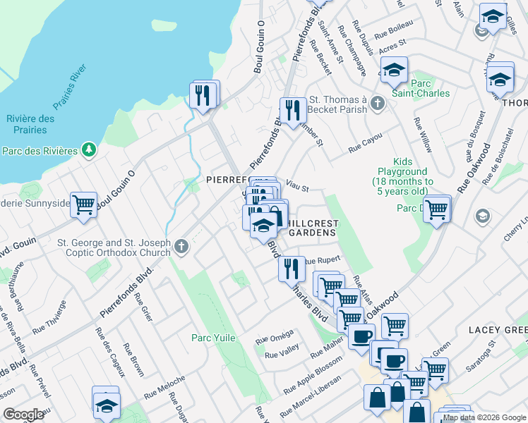 map of restaurants, bars, coffee shops, grocery stores, and more near 4915 Boulevard Saint-Charles in Montréal