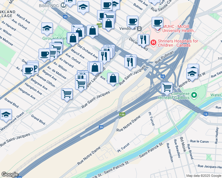 map of restaurants, bars, coffee shops, grocery stores, and more near 5695 Rue Saint-Jacques in Montréal