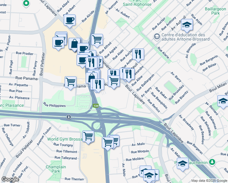 map of restaurants, bars, coffee shops, grocery stores, and more near 6300 Avenue Auteuil in Brossard