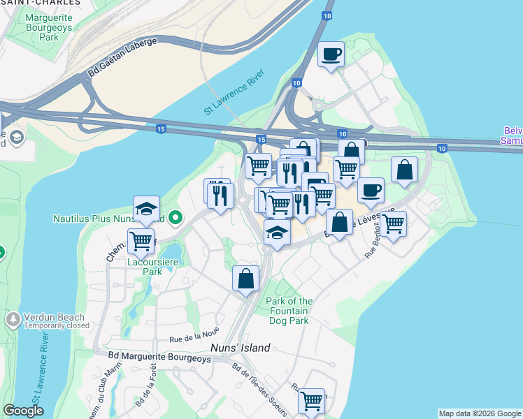 map of restaurants, bars, coffee shops, grocery stores, and more near 50 Place du Commerce in Montréal