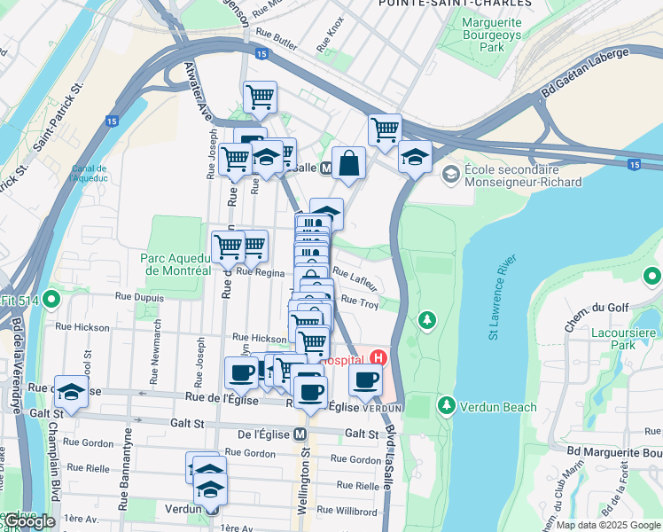 map of restaurants, bars, coffee shops, grocery stores, and more near 203 Rue Lafleur in Montréal