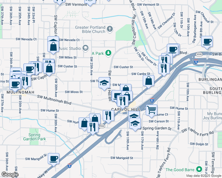 map of restaurants, bars, coffee shops, grocery stores, and more near 7846 Southwest Capitol Hill Road in Portland