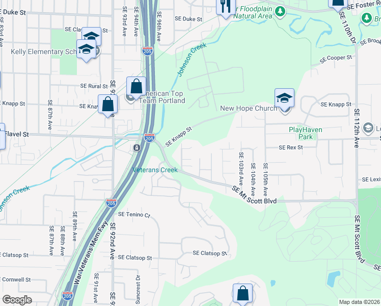 map of restaurants, bars, coffee shops, grocery stores, and more near 7620 Southeast Rex Court in Portland