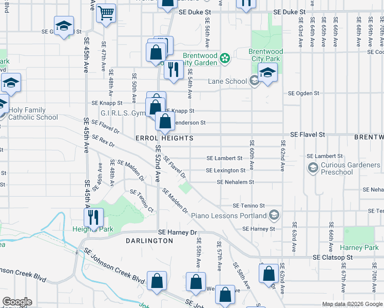map of restaurants, bars, coffee shops, grocery stores, and more near 5415 Southeast Malden Street in Portland