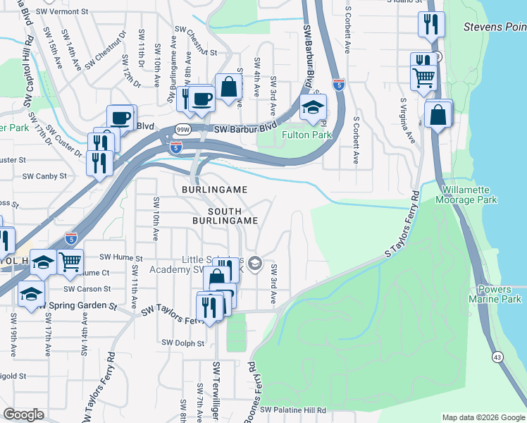 map of restaurants, bars, coffee shops, grocery stores, and more near 310 Southwest Troy Street in Portland