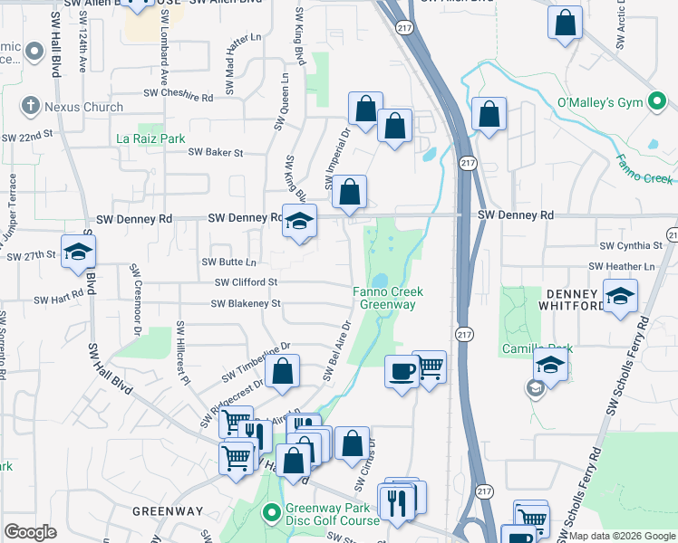 map of restaurants, bars, coffee shops, grocery stores, and more near 7170 Southwest Bel Aire Drive in Beaverton