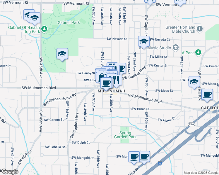 map of restaurants, bars, coffee shops, grocery stores, and more near 3535 Southwest Multnomah Boulevard in Portland