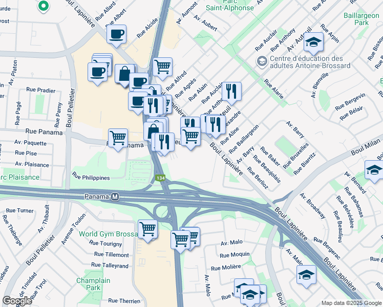 map of restaurants, bars, coffee shops, grocery stores, and more near 6300 Avenue Auteuil in Brossard