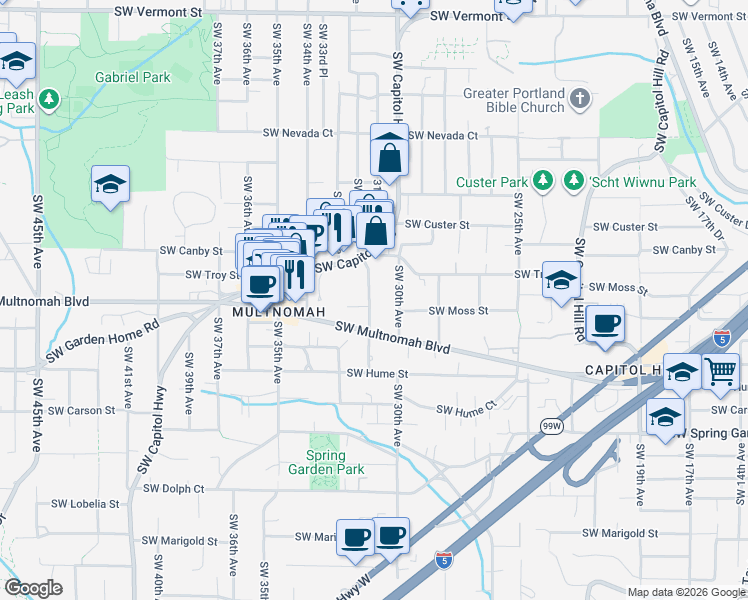 map of restaurants, bars, coffee shops, grocery stores, and more near 7856 Southwest 31st Avenue in Portland