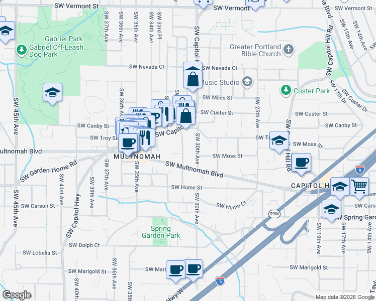map of restaurants, bars, coffee shops, grocery stores, and more near 7872 Southwest 31st Avenue in Portland