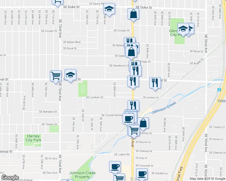 map of restaurants, bars, coffee shops, grocery stores, and more near 7931 Southeast Malden Court in Portland