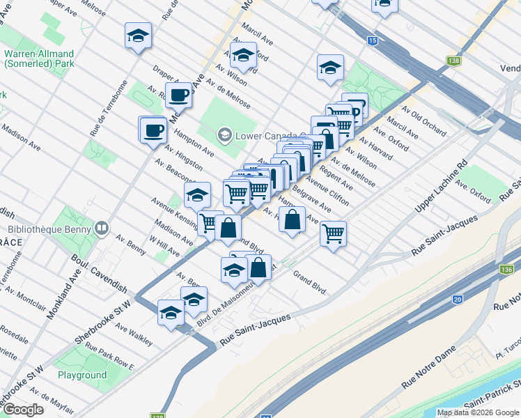 map of restaurants, bars, coffee shops, grocery stores, and more near 6100 Sherbrooke Street West in Montreal